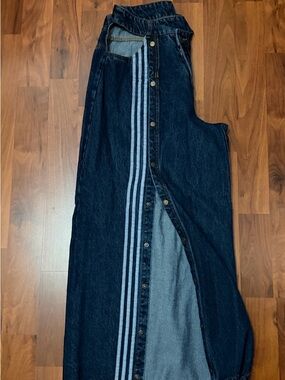 adidas Originals Dark Blue Wide-Leg Snap Denim Pants with Light Blue Stripes